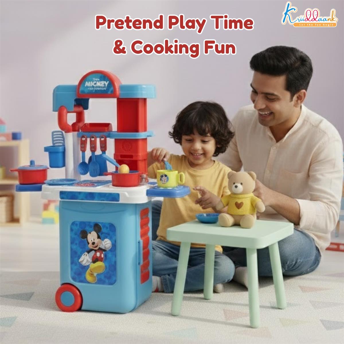 Kriiddaank Disney Mickey Kitchen Set with Trolley - 20 Pcs Pretend Play Cooking Set for Kids with Light & Sound, 2-in-1 Portable Role Play Kitchen Toy for Toddlers 3+ Years (Red)