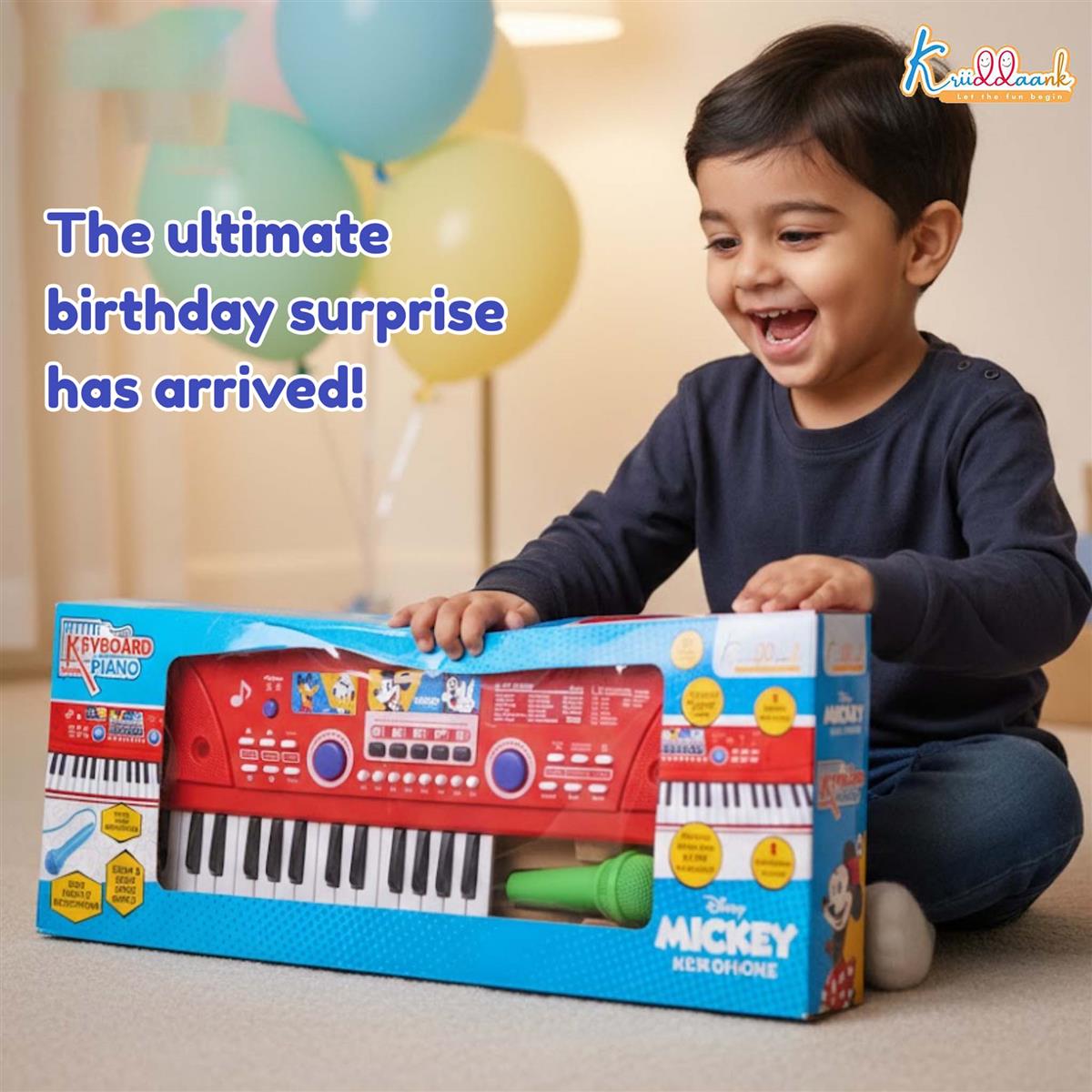 Mickey Theme Kids Keyboard Piano with Microphone - 37 Keys, 8 Instrument Sounds, 16 Rhythms, Dual Power (USB/Battery), Educational Musical Toy for Toddlers Boys Girls Age 3+ - Red KD-500-MK