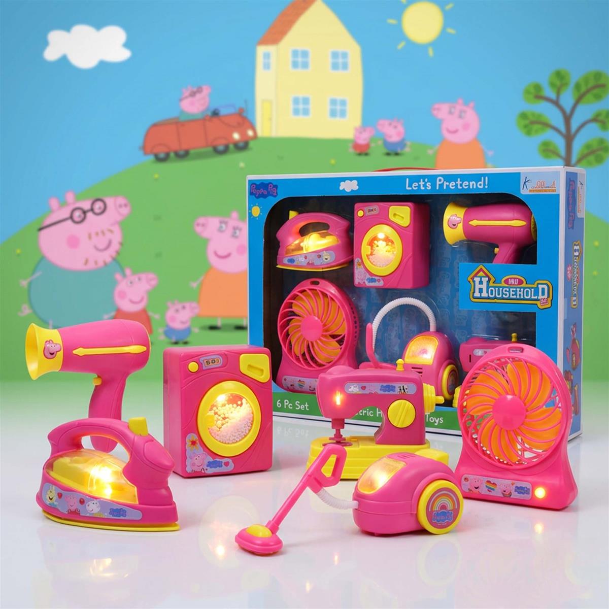 Peppa Pig Mini Household Toys 6-Piece Set for Kids | Includes Washing Machine, Sewing Machine, Vacuum, Fan, Hair Dryer & More | Battery Operated with Lights & Motion | Role Play Set for Ages 3+
