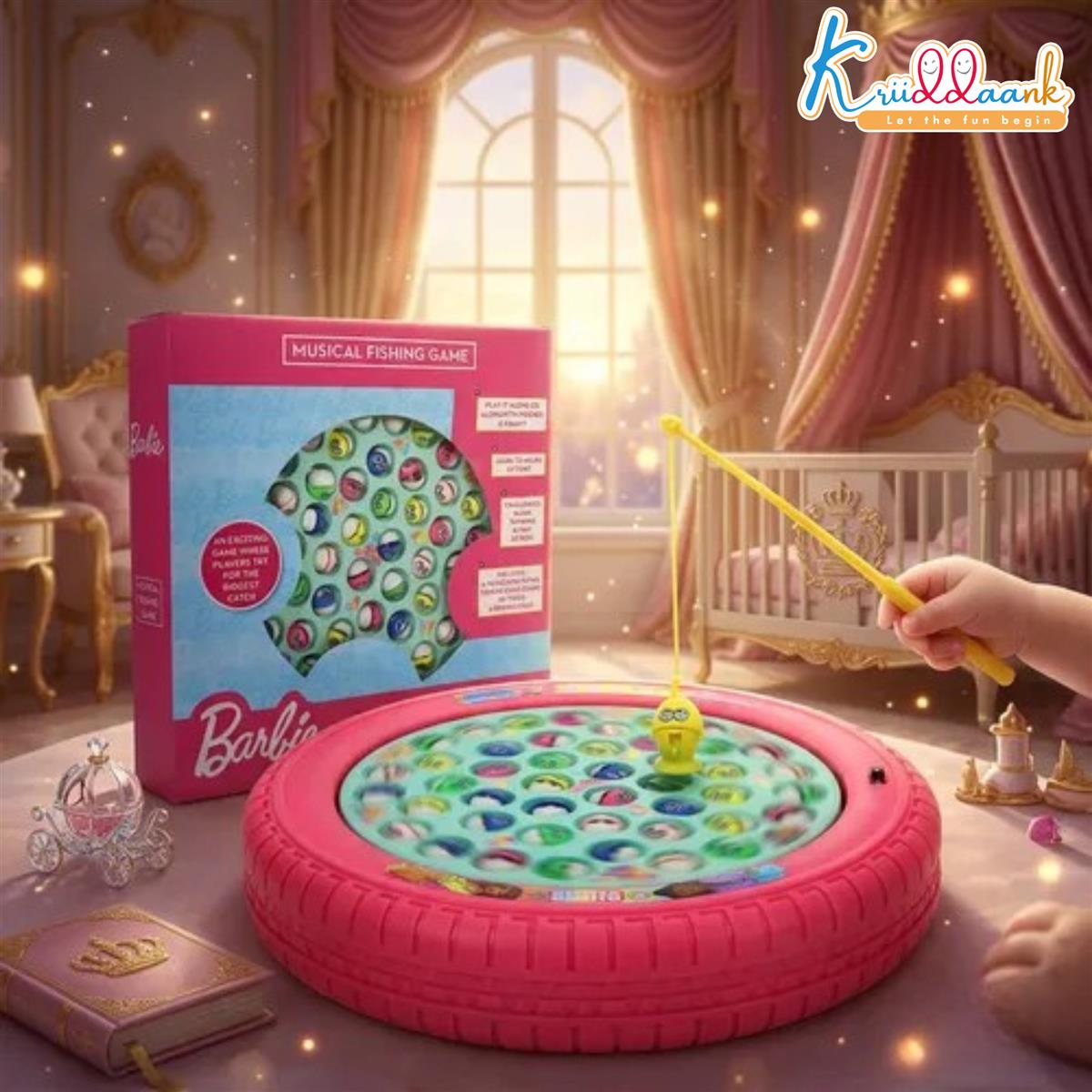 Mattel Barbie Musical Rotating Fishing Game with 45 Fishes & 4 Fishing Poles | Battery Operated Learning Toy for Kids 3+ Years | Fun & Educational Multiplayer Board Game (Pink)