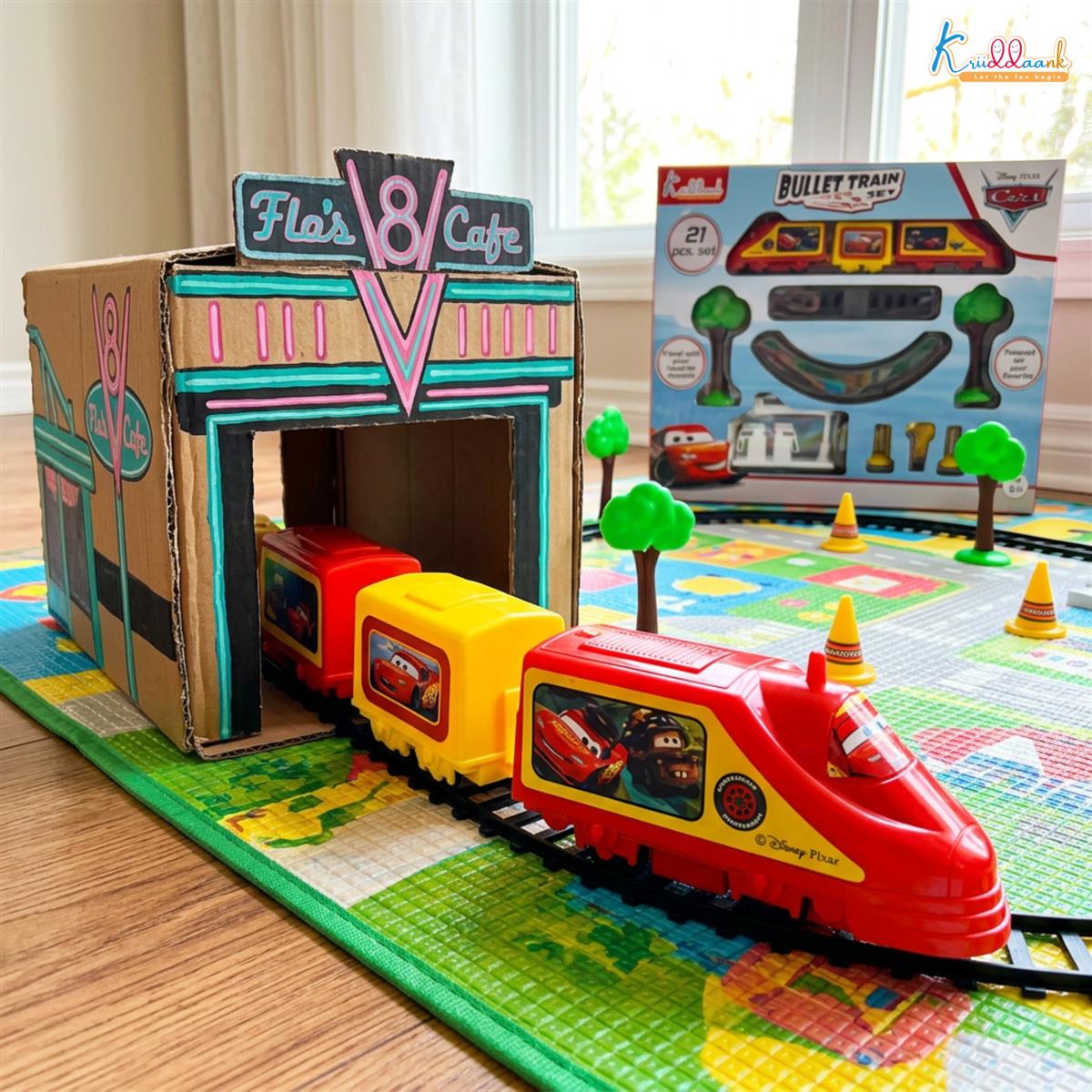 Kriiddaank Disney Pixar Cars Electric Bullet Train Set - Lightning McQueen & Friends Theme, Diecast Metal Miniature Realistic Railway Playset, Battery Operated Toy for Kids 3+ (Multicolor)