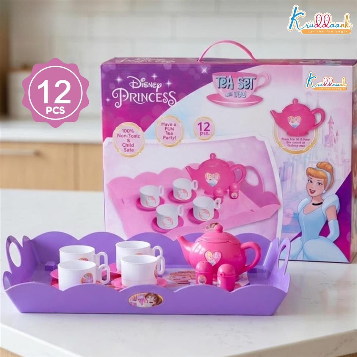 Princess Tea Playset - 12 Pcs Pretend Play Tea Party Set for Kids with Electronic Kettle, Boiling Sounds & Lights - Disney Princess Theme Kitchen Toys for 3+ Year Olds - Safe & Interactive Gift