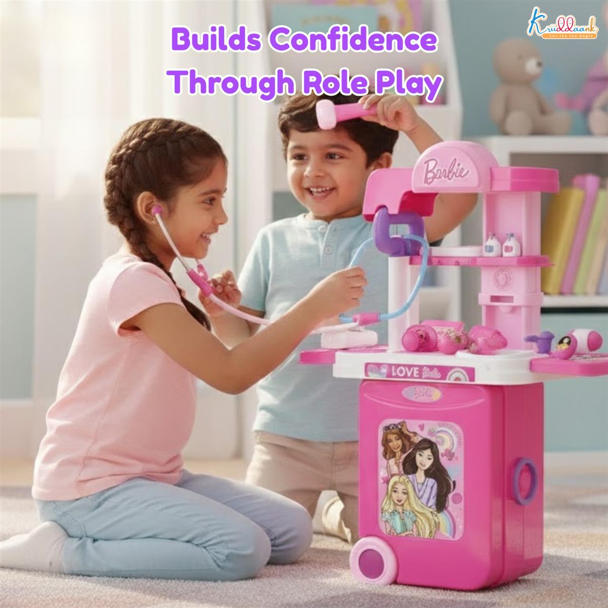 Kriiddaank Barbie Theme Doctor Set - Portable Medical Trolley Playset with Lights, 9-Piece Educational First Aid Kit for Kids 3+, Dreamhouse Role Play Toy, Best Birthday Gift for Girls - Pink