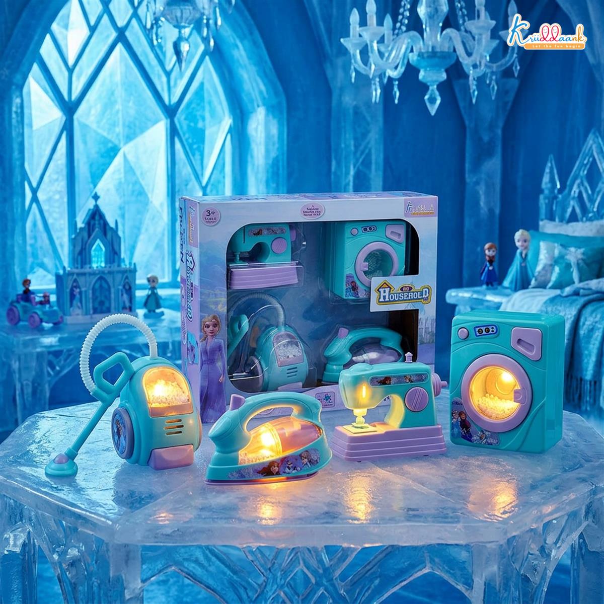 Frozen Theme Household 4pc Role Play Set - Includes Washing Machine, Vacuum Cleaner, Iron & Hair Dryer | Battery Operated Lights & Interactive Play | Non-Toxic Educational Toy for Kids 3+ Years