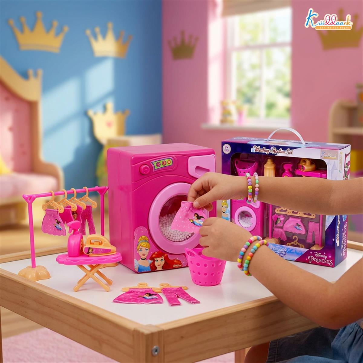 Kriiddaank Disney Princess Theme Washing Machine Toy for Toddlers, 15-Piece Pretend Play Laundry Set with Ironing Table & Accessories, Musical Interactive Toy for Kids 3+ Years (Pink)
