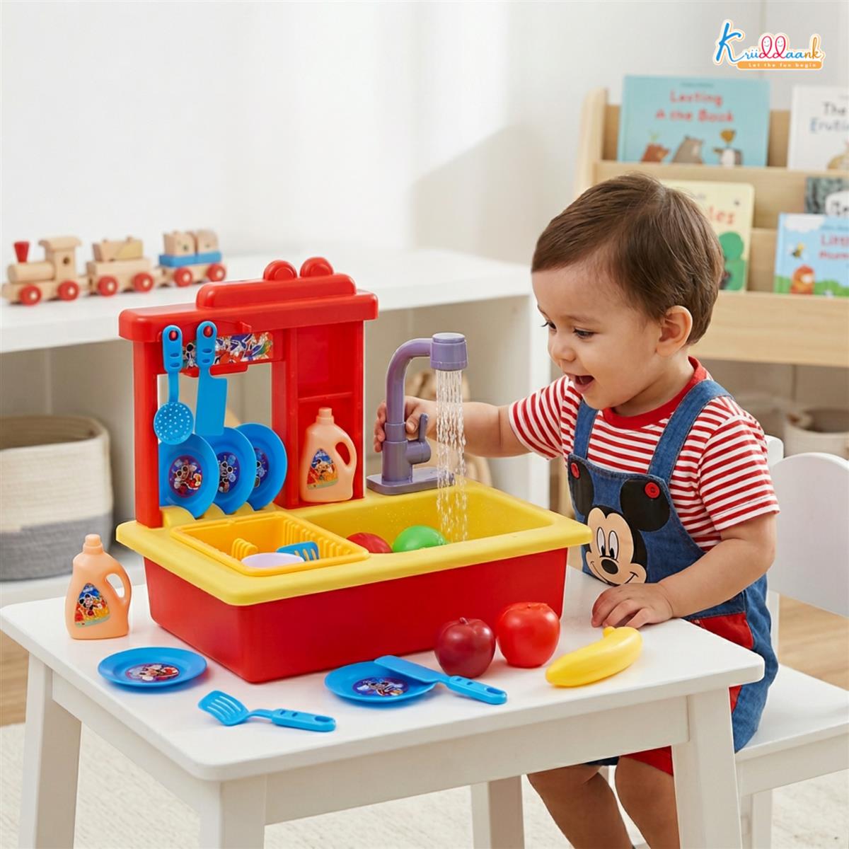 Kriiddaank Mickey Toy Kitchen Sink - 22 Pc Pretend Play Kitchen Set with Electric Running Water Faucet, Automatic Water Recycling System & Dishes - Disney Mickey Theme Role Play Toy for Kids 3+