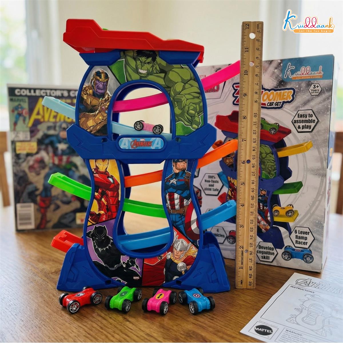 Avengers Zig Zag Zoomer Ramp Racer Car Track for Toddlers - 6-Level Lever Racing Set with 4 Mini Vehicles - 15 Piece Superhero Toy for Kids 3+ Years - Non-Toxic, Educational & Fun Development Toy