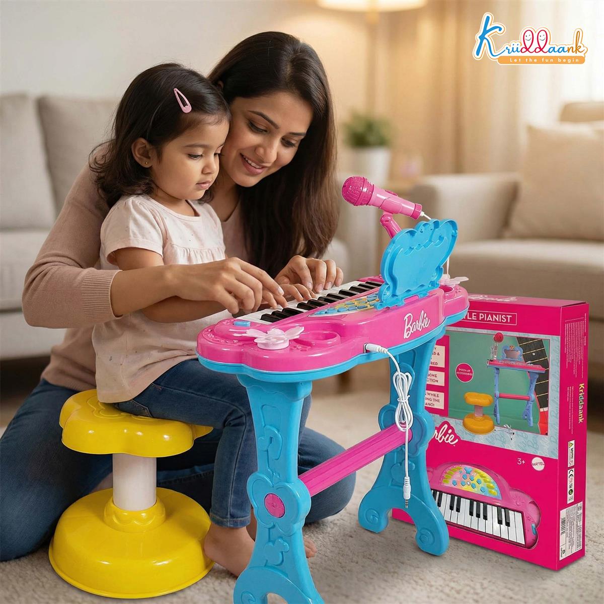 Mattel Barbie Theme Little Pianist Keyboard with Microphone & Stool - Dual Power (USB/Battery), Karaoke Mode, 25 Inbuilt Tunes - Pink Musical Toy for Girls 3+ Years