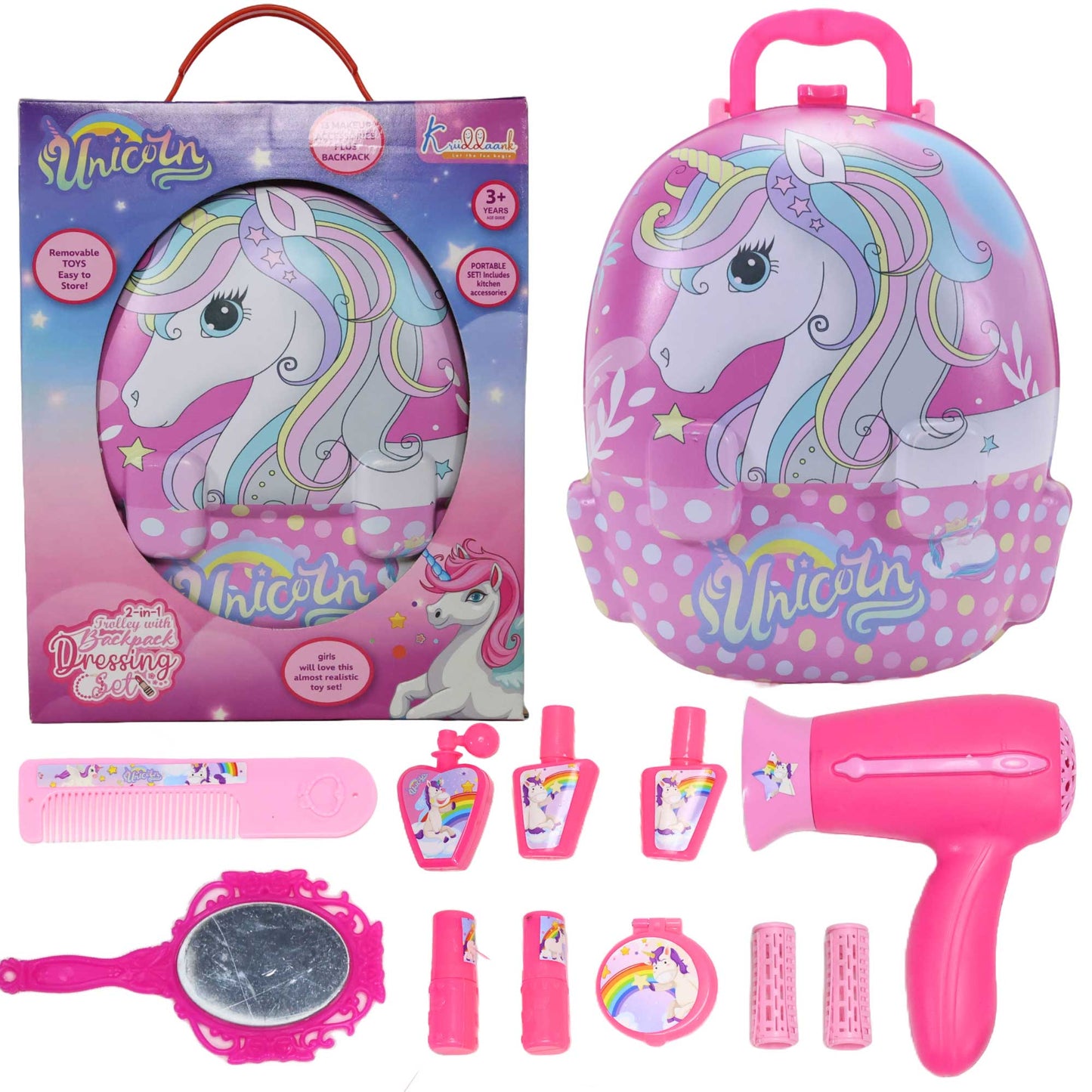 Kriiddaank BackpackDressingSet-UnicornThemeFantasy Beauty Kit for KidsUnicorn Dressing SetUnicorn Themed Beauty ToyRainbow Unicorn Beauty KitSparkle Unicorn Dressing Playset