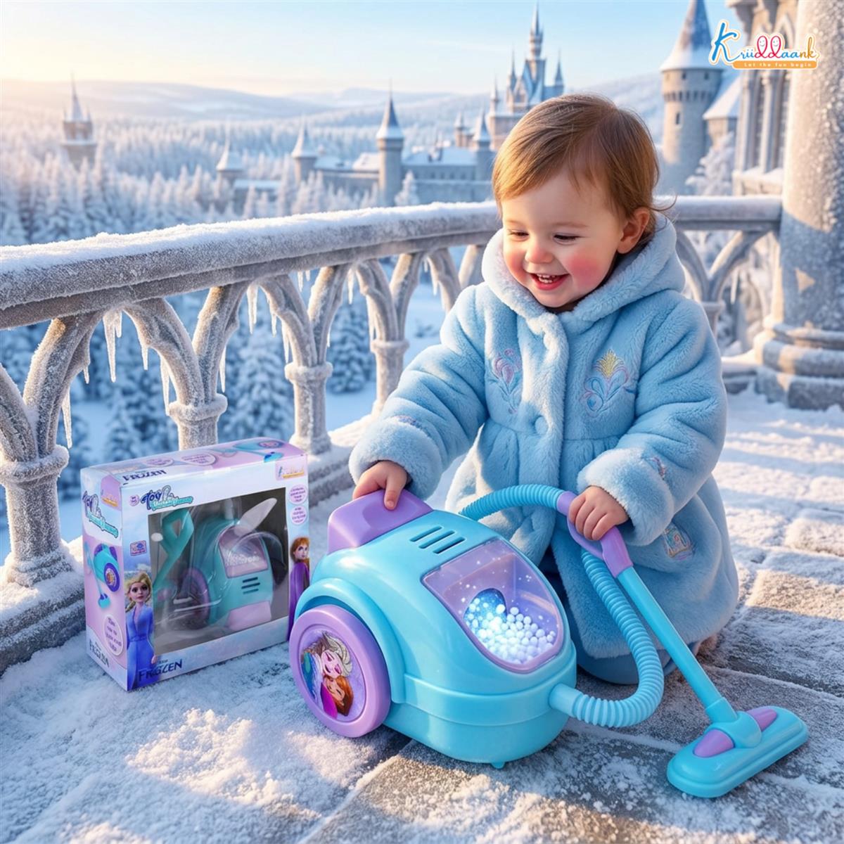 Frozen Theme Mini Vacuum Cleaner Toy for Kids - Battery-Operated Educational Pretend Play Cleaning Set with Lights, Turkish Blue, Safe & Interactive Housekeeping Toy for Boys & Girls Ages 3+