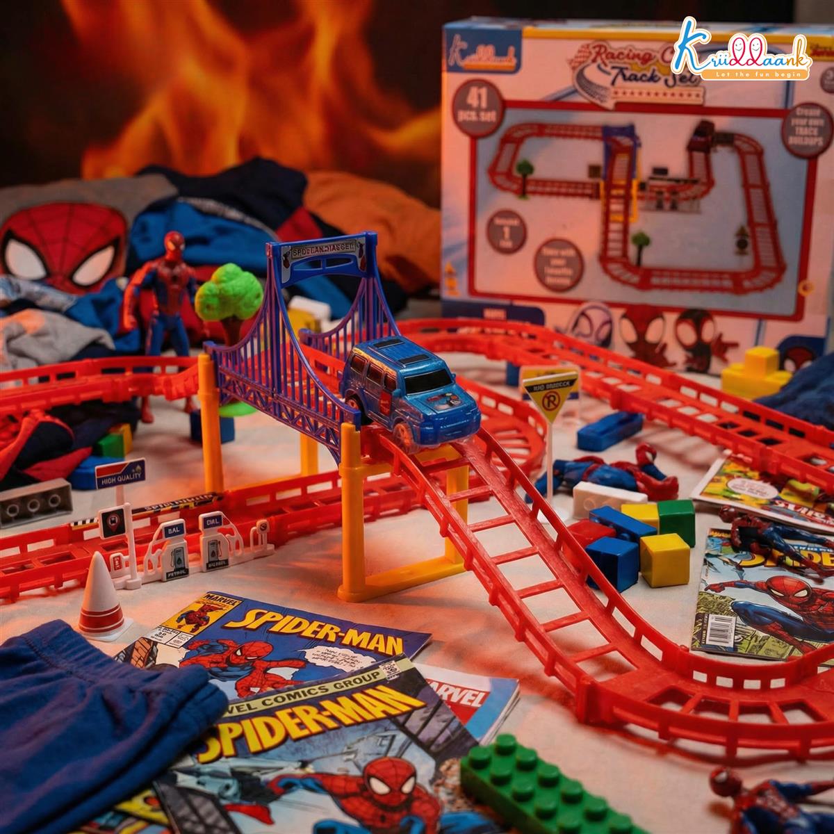 Spiderman Mini Track Set (41 Pcs) - Battery Operated Racing Car Track with Bridges, Roadway Signs & Traffic Cones | DIY Race Adventure Toy for Kids 3+ Years | Engaging & Educational Play Set