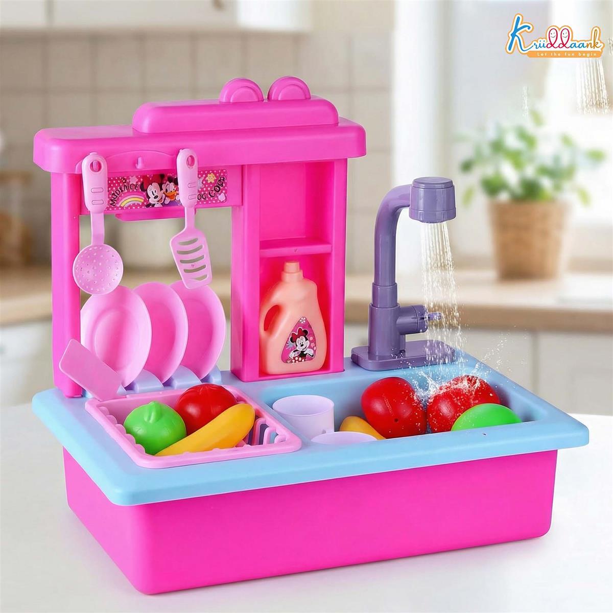 Kriiddaank Minnie Toy Kitchen Sink for Kids - Pretend Play Sink with Electric Faucet & Running Water, 22-Piece Kitchen Accessories Set, Pink Role Play Toy Set for Toddlers and Girls 3+ Years