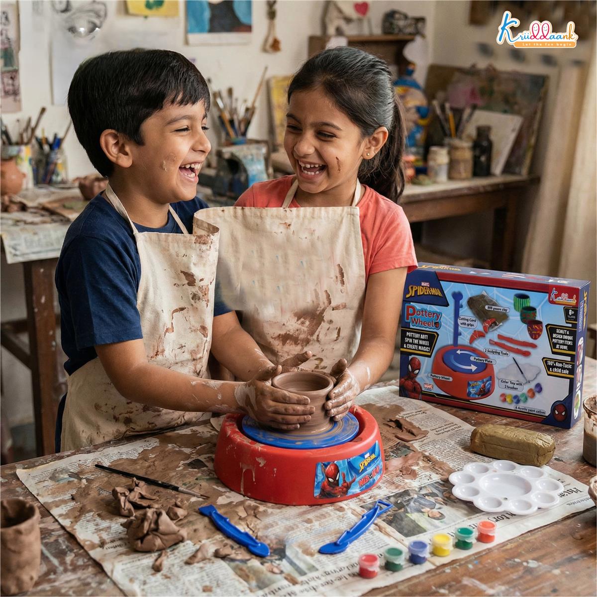Spiderman Pottery Wheel Modeling Set for Kids - Complete Clay Sculpting, Art & Craft Kit with 800g Clay, Paints & Tools | Educational DIY Toy for Boys & Girls 8+ | Battery Operated with Music