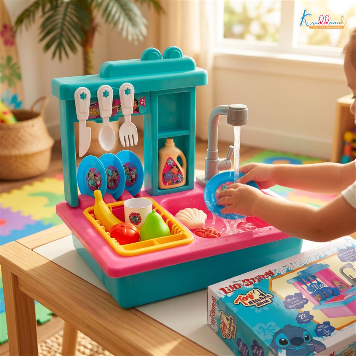 Stitch Toy Kitchen Sink Playset with Electric Faucet & Running Water - 22 Pcs Pretend Play Dish Washing Set for Kids, Kitchen Accessories, Realistic Role Play Toy for Boys & Girls 3+ Years