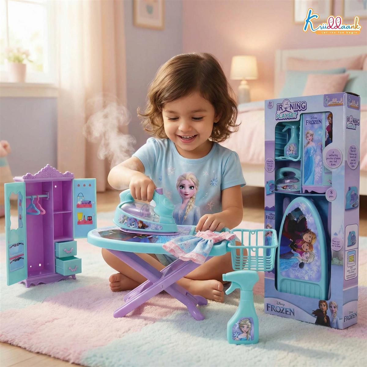 Frozen Portable Iron Playset with Elsa & Anna - 8-Piece Ironing Toy Set with Realistic Light, Sound & Accessories - Educational Pretend Play Household Toy for Kids & Toddlers 3+