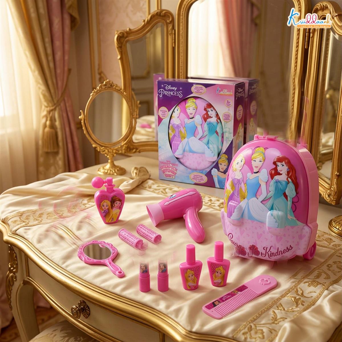 Disney Princess 2-in-1 Backpack Dressing Table & Trolley Gift Set for Kids - 13 Pcs Pretend Play Makeup Kit with Electronic Dryer - Portable Vanity Toy for Girls Age 3+