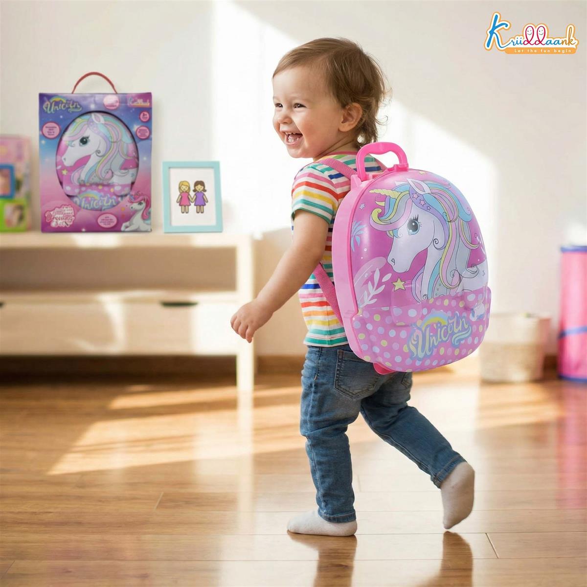 Unicorn Backpack Dressing & Makeup Gift Set for Kids - 2-in-1 Portable Trolley Pretend Play Vanity Kit with Electronic Hair Dryer & 13 Accessories - Ideal Birthday Gift for Girls 3+ Years