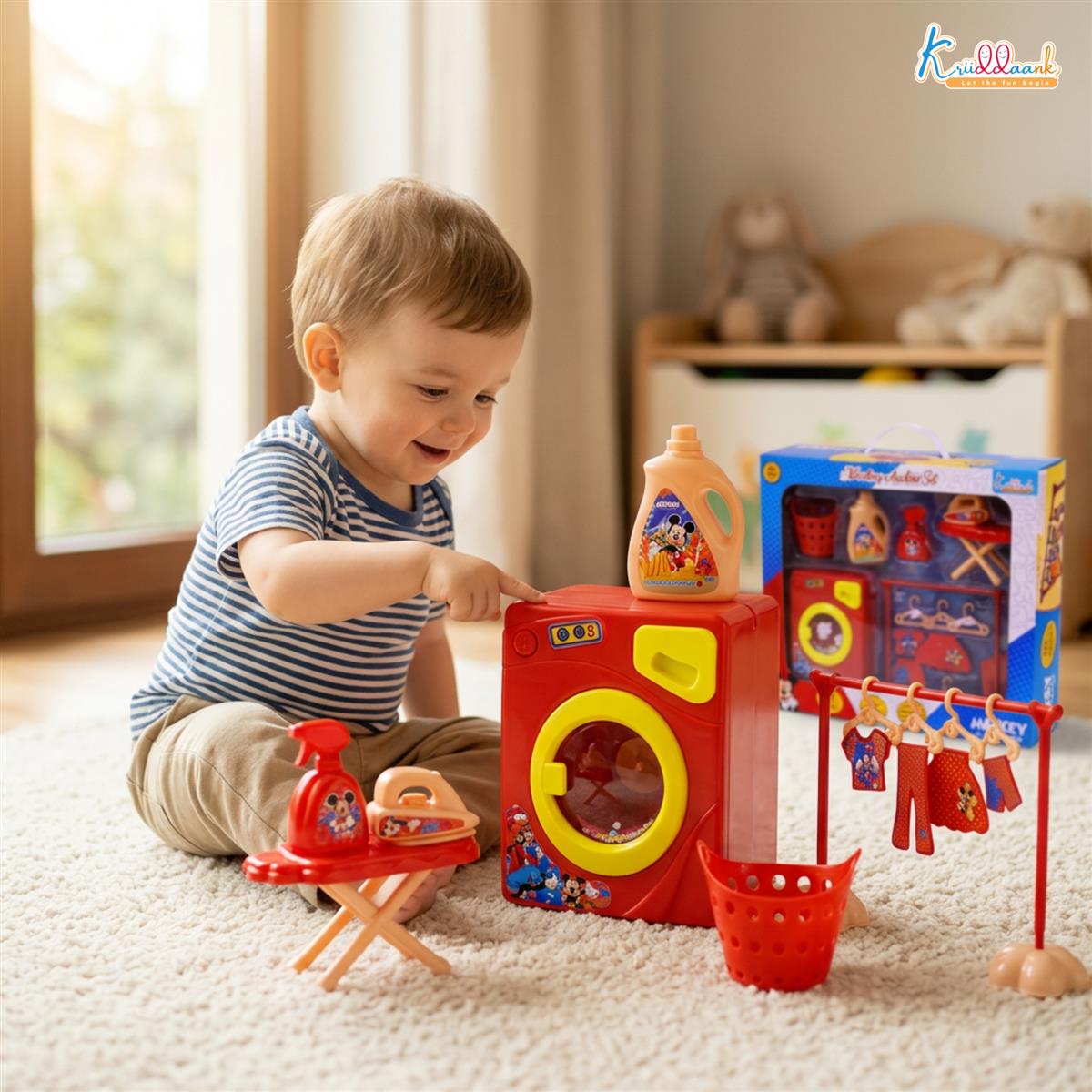 Kriiddaank Disney Mickey Washing Machine Set - 15 Pcs Kids Pretend Play Home Appliances with Music & Accessories - Educational Housekeeping Laundry Toy for Boys & Girls 3+ Years