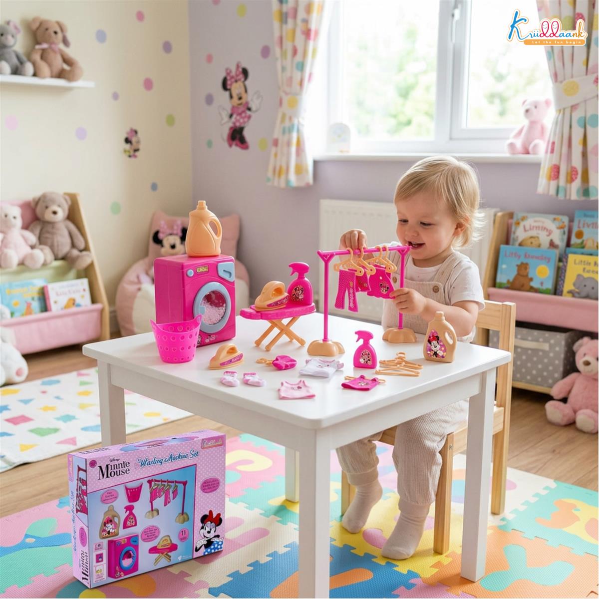 Kriiddaank Minnie Theme Washing Machine Toy - 15-Piece Interactive Pretend Play Laundry Set with Music, Ironing Board & Accessories - Pink Educational Disney Magic Gift for Toddlers Ages 3+