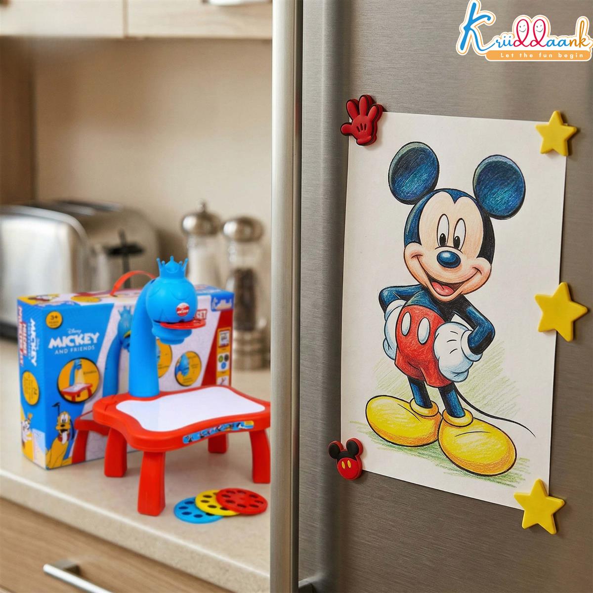 Kriiddaank Mickey Mouse Tracing Projector for Kids - Complete Drawing Set with 24 Patterns, 3 Slide Discs, Markers & Paper - Educational Art & Craft Toy for Boys & Girls Ages 3+ (Red)