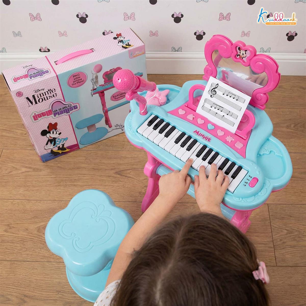 Minnie Mouse Little Pianist Keyboard for Girls â€“ Musical Toy with Microphone, Stool & Dress-Up Accessories â€“ 25 Inbuilt Tunes, Karaoke Mode, Battery/USB Powered â€“ Educational Gift for Kids 3+ Years