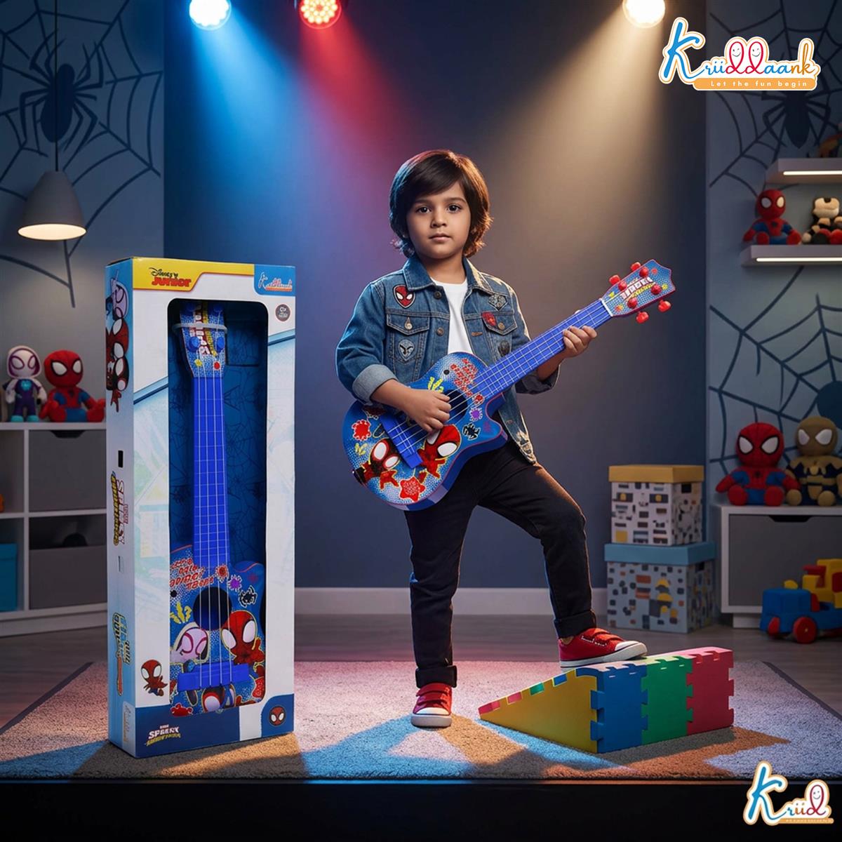 Spiderman 4-String Small Toy Guitar for Kids (3+ Years) - Adjustable String Tension, Fingerstyle Tab & Pick | Educational Musical Instrument for Boys | Portable & Safe Design, Blue