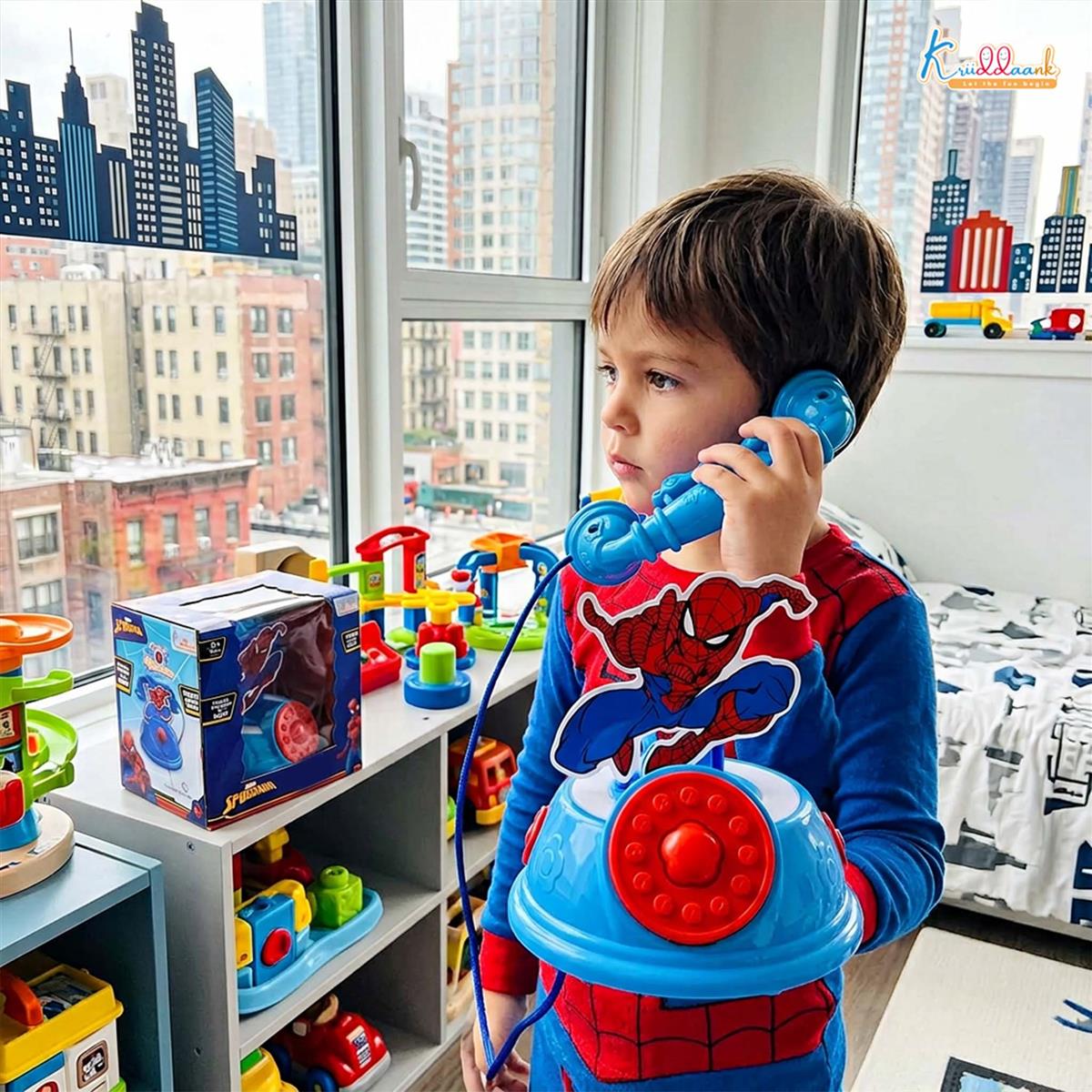 Kriiddaank Spiderman Talking Telephone Toy for Kids - Interactive Musical Pretend Play Phone with Sounds, Educational Learning Toy for Boys & Girls 3+ Years, Durable & Portable Design, Blue