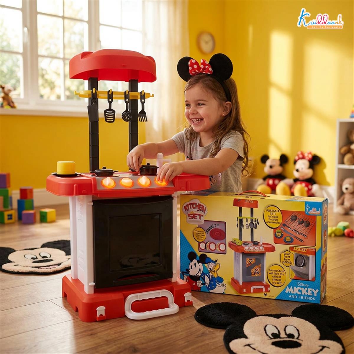 Kriiddaank Mickey Mouse Themed Kitchen Set for Kids - Portable Disney Pretend Play Cooking Toy with Oven, Gas Stove, Sink, Lights & Sound - Includes 18 Accessories - Ideal Gift for Ages 3+