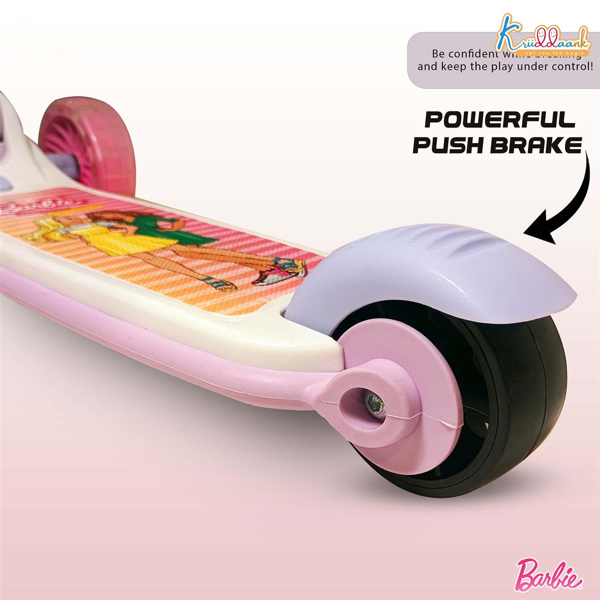 Kriiddaank Barbie Adventure Rider Kick Scooter for Kids - 3-Wheel with LED Light Up Wheels, 3-Level Adjustable Height & Easy Fold Design, Pink Skate Scooter for Girls Ages 3-12 Years (Up to 25Kg)