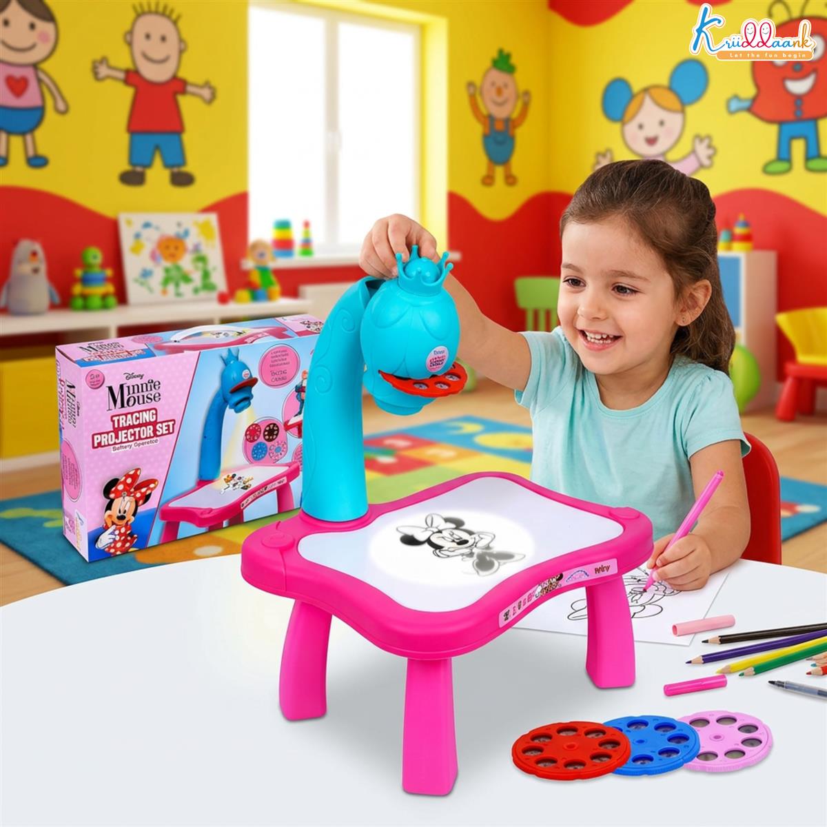 Kriiddaank Minnie Mouse Tracing Projector Set for Kids - Drawing Projector with 24 Patterns, 3 Stencil Slides, Markers & Paper - Creative Art & Craft Educational Toy for Girls Ages 3+ (Pink)