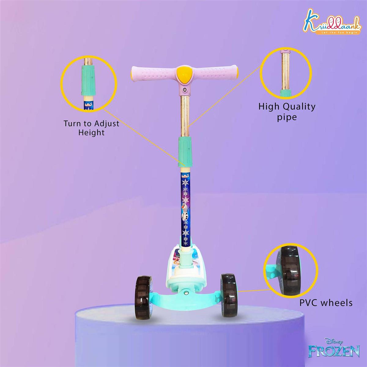Kriiddaank Disney Frozen Adventure 3-Wheel Kick Scooter for Kids (3+ Years) - LED Light Up Wheels, Music, 3-Level Adjustable Height, Foldable Design, Anti-Slip Deck - 25kg Capacity, Turkish Blue