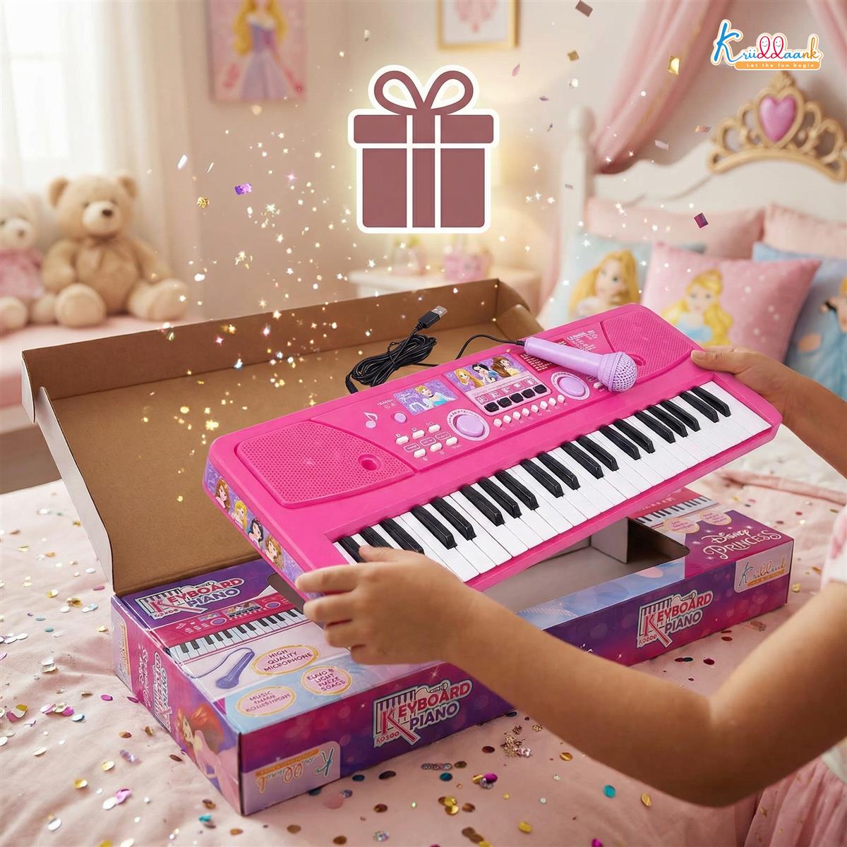 Princess Keyboard Piano for Girls - 50 Keys (49 Scale Organ) with Microphone, 16 Rhythms, 8 Instrument Sounds, USB & Battery Powered Educational Musical Toy for Kids Age 3+ (Pink)