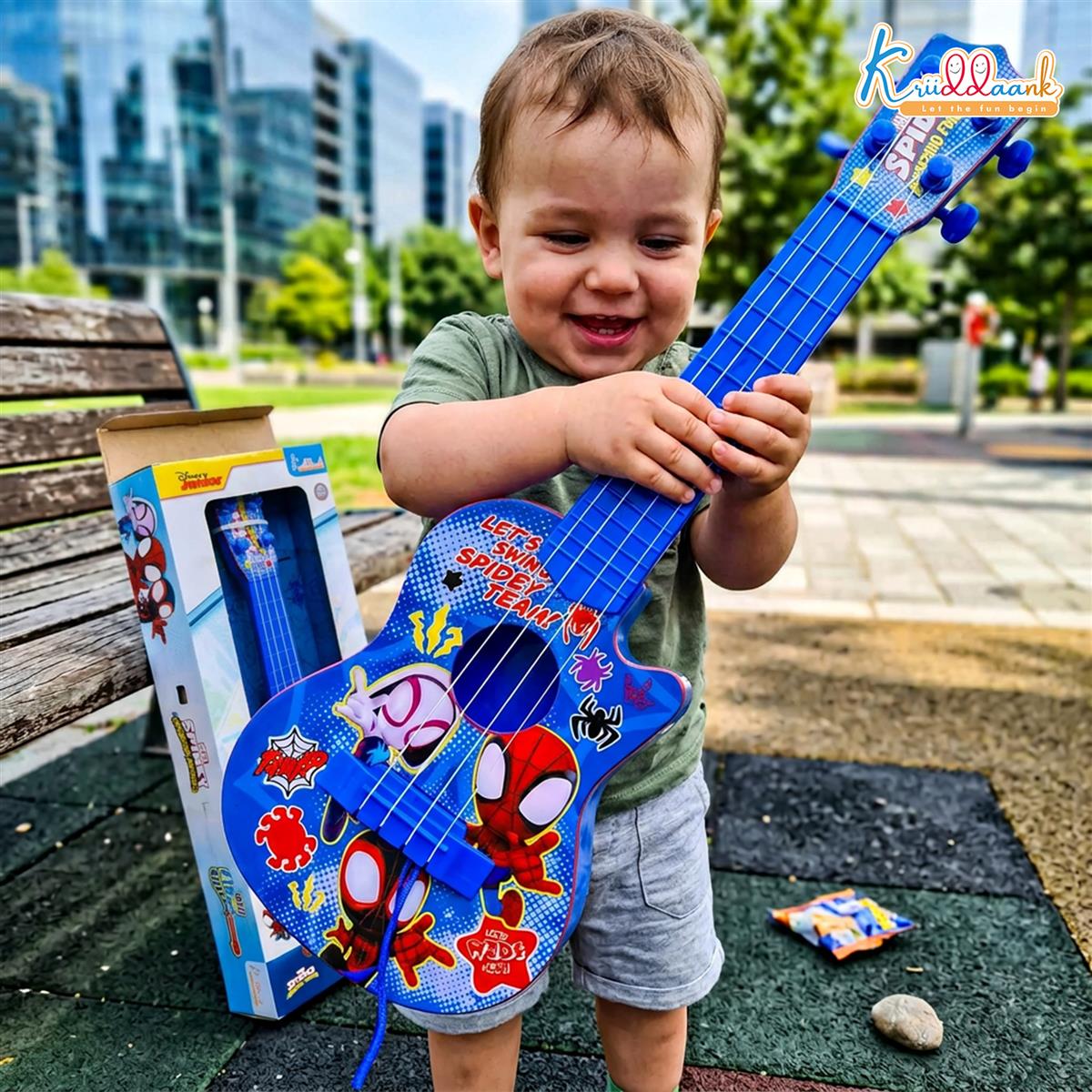 Spiderman 4-String Small Toy Guitar for Kids (3+ Years) - Adjustable String Tension, Fingerstyle Tab & Pick | Educational Musical Instrument for Boys | Portable & Safe Design, Blue