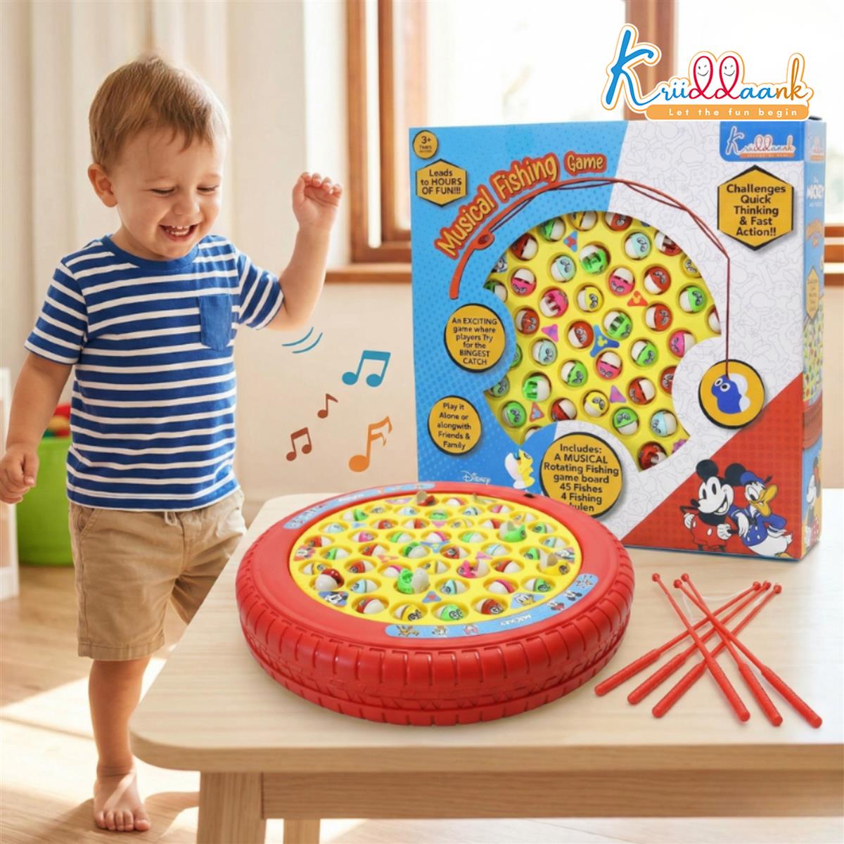 Mickey Mouse Musical Fishing Game for Kids - Electronic Rotating Board with 45 Fishes & 4 Poles, Battery Operated Interactive Ocean Theme Toy, Educational Gift for Boys & Girls 3+ Years Old
