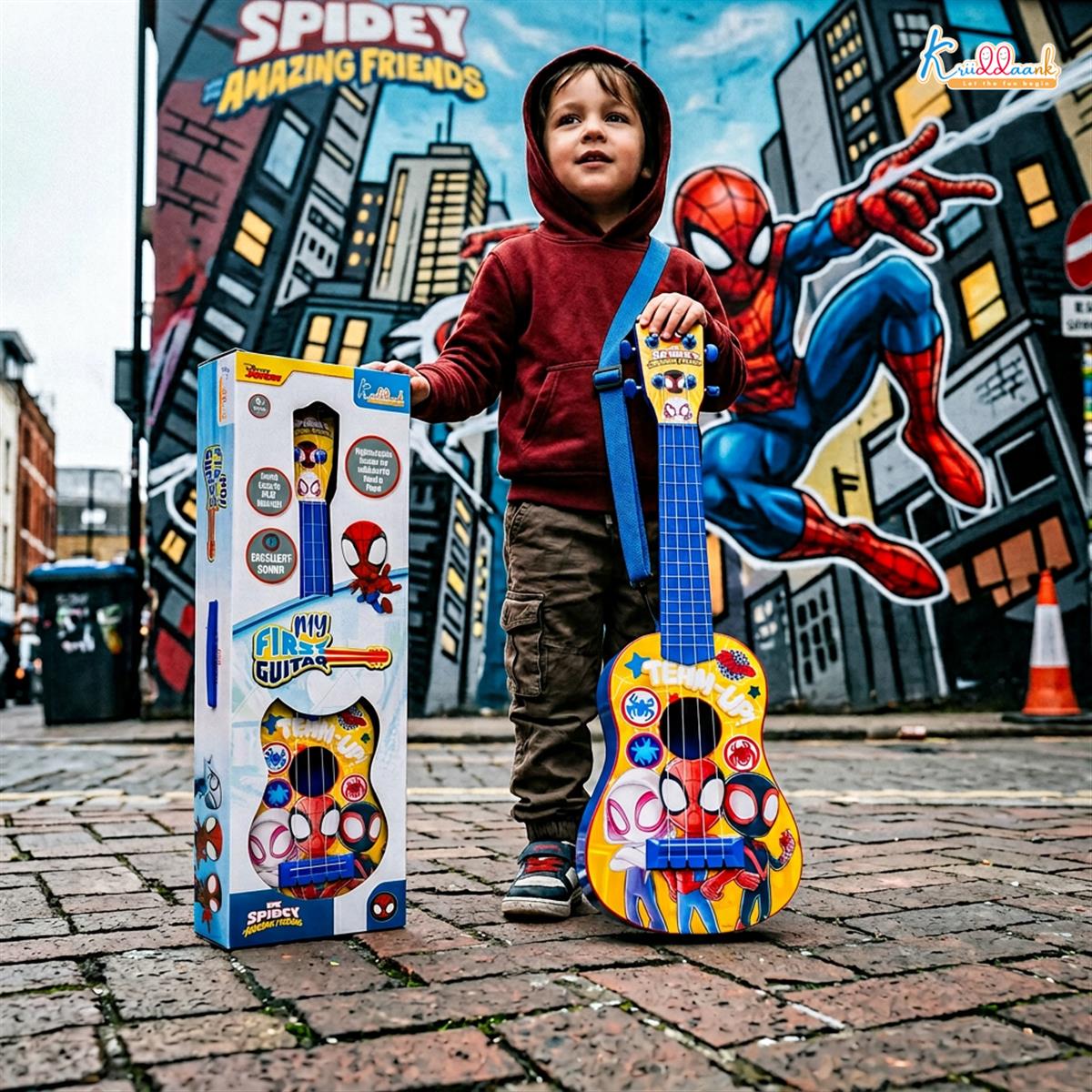 Spiderman Big Toy Guitar for Kids - 4 Adjustable Strings, Fingerstyle Tab & Pick - Portable Educational Musical Instrument Toy for Boys 3+ Years - Perfect Birthday Gift, Blue