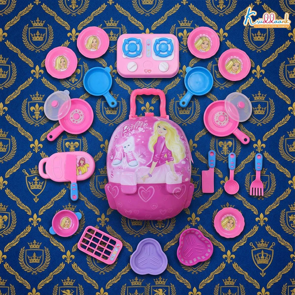 Barbie Backpack Kitchen Set - 21 Piece Pink Portable Cooking Toy Set for Kids 3+ Years - Travel-Friendly Pretend Play Kitchen with Music and Accessories - Non-Electric Role Play Gift for Girls