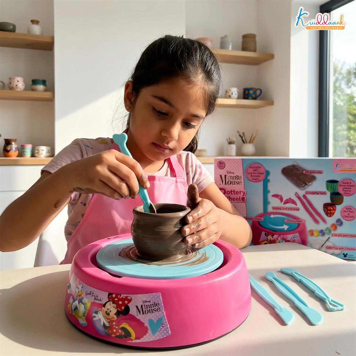 Minnie Pottery Wheel Modeling Set for Kids - Complete DIY Clay Sculpting Art & Craft Kit with 800g Clay, 6 Acrylic Paints & Tools - Educational Musical Toy for Girls Age 8+