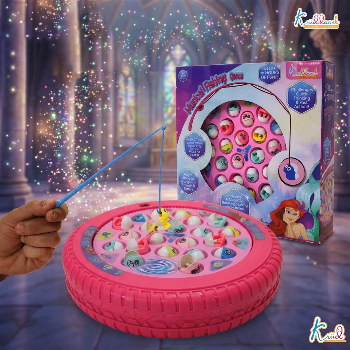 Princess Musical Fishing Game - Rotating Underwater Adventure Board with Music & 21 Fishes | 4 Fishing Poles | Pink Battery-Operated Educational Toy for Kids Aged 3+ Years