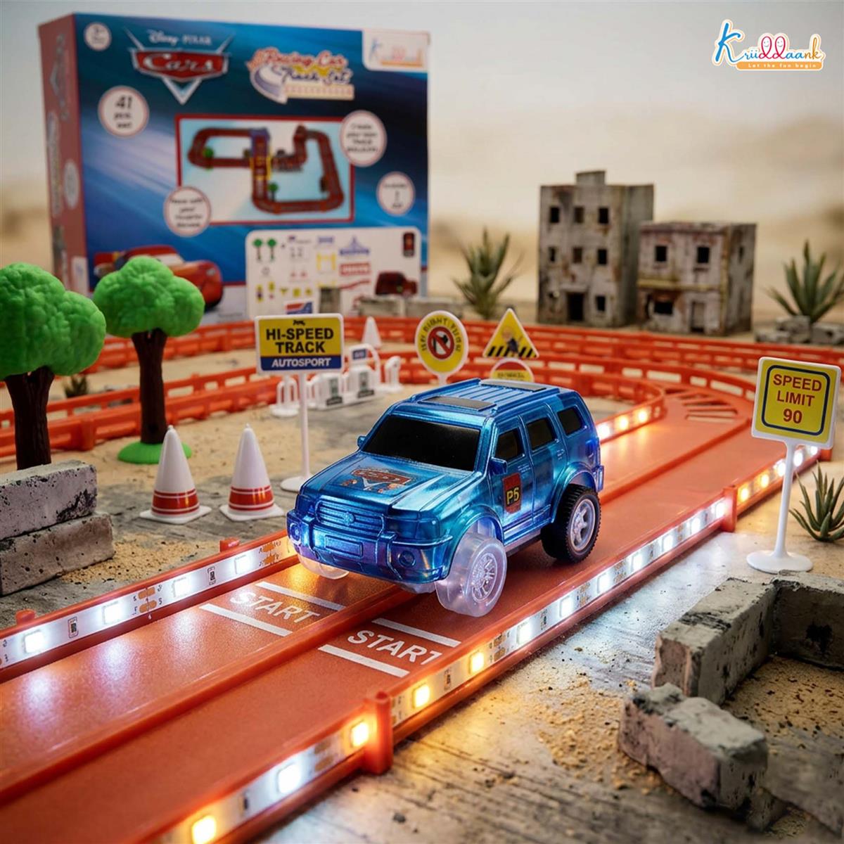 Disney Theme Cars Mini Track Set - 41 Piece Portable DIY Race Track Toy with Diecast Metal Toy Car, Realistic Miniature Collectible Racing Playset for Kids 3+ Years Old