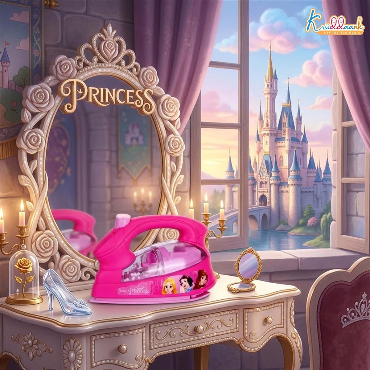 Disney Princess Theme Press Iron Toy for Kids - Battery Operated Pink Pretend Play Household Toy with Lights, Sound & Moving Beads - Educational Roleplay Gift for Girls Aged 3+ Years