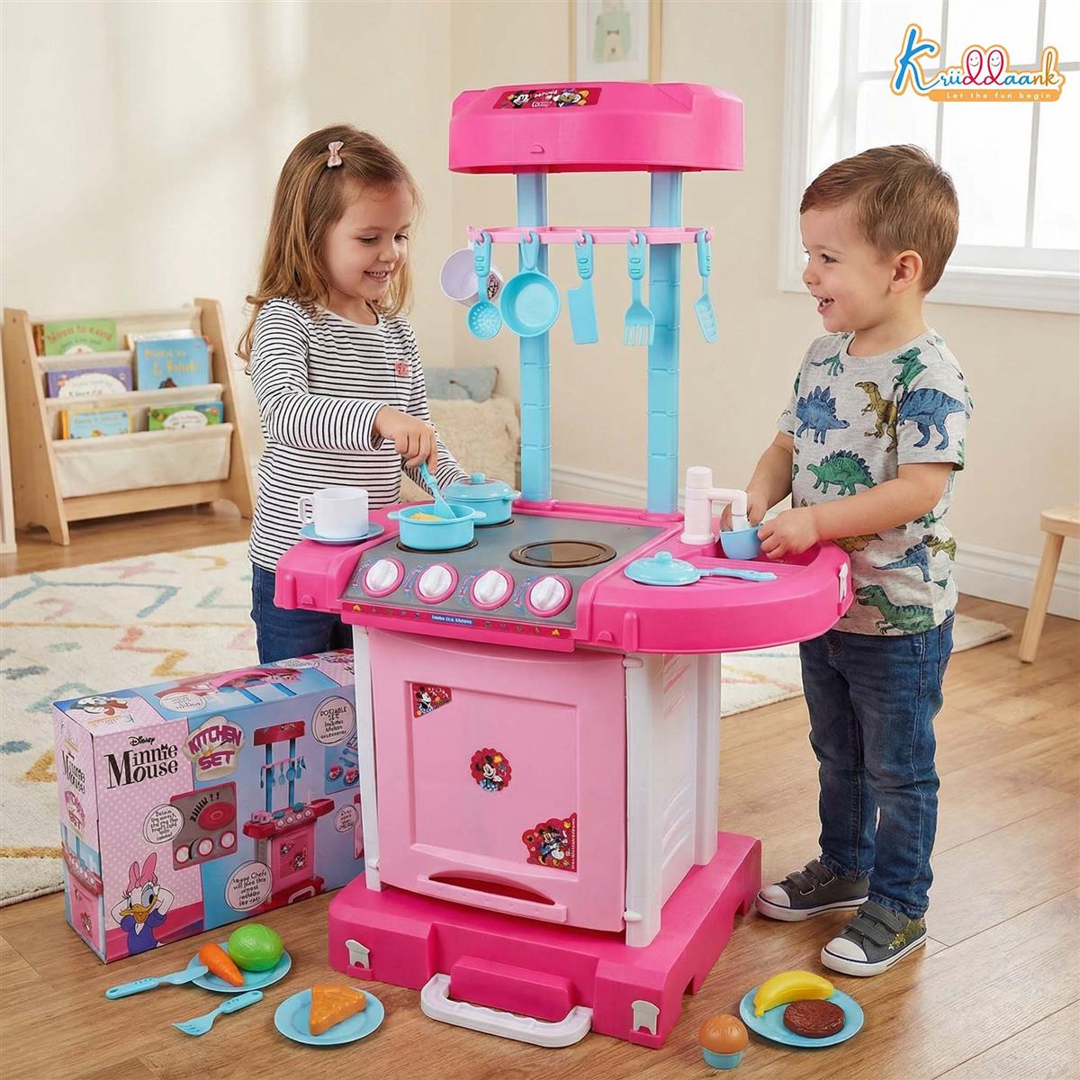 Kriiddaank Minnie Themed Kitchen Set for Kids - Disney Pretend Play Cooking Toy with Lights & Sound, Oven, Gas Stove, Sink & 18 Accessories, Pink Kitchen Playset for Girls 3+ Years