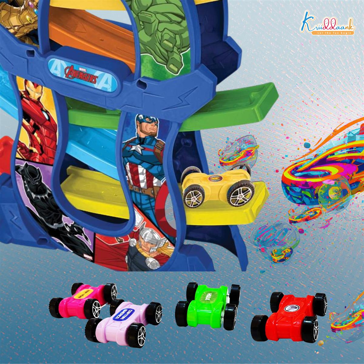 Avengers Zig Zag Zoomer Ramp Racer Car Track for Toddlers - 6-Level Lever Racing Set with 4 Mini Vehicles - 15 Piece Superhero Toy for Kids 3+ Years - Non-Toxic, Educational & Fun Development Toy