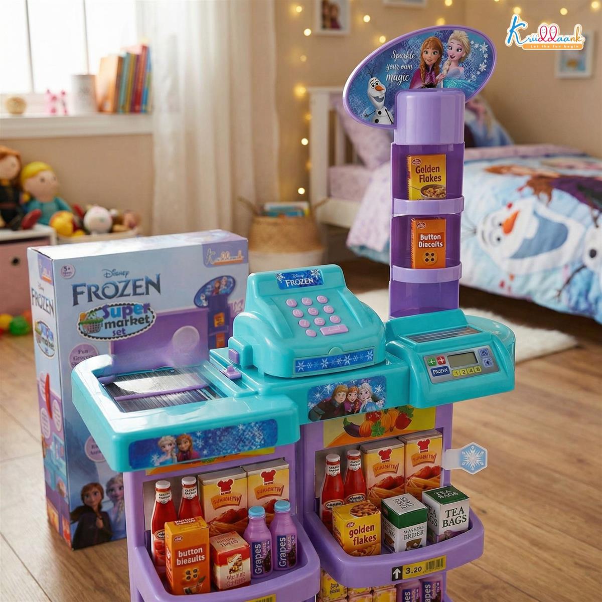 Frozen Supermarket Set for Kids - Grocery Store Playset with Electronic Cash Register, Scanner, Sound & Music, 20 Accessories | Elsa & Anna Disney Theme Toy for Kids Ages 5+ (Turkish Blue)