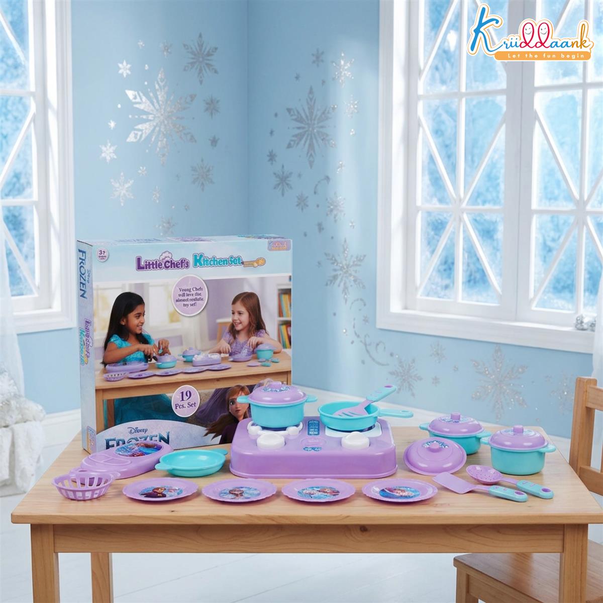 Kriiddaank Frozen Little Chef Kitchen Set for Kids - 19 Pcs Princess Theme Pretend Play Cooking Toy Set - Non-Electronic Safe Educational Kitchen Toys for Girls & Boys Ages 3+ Years