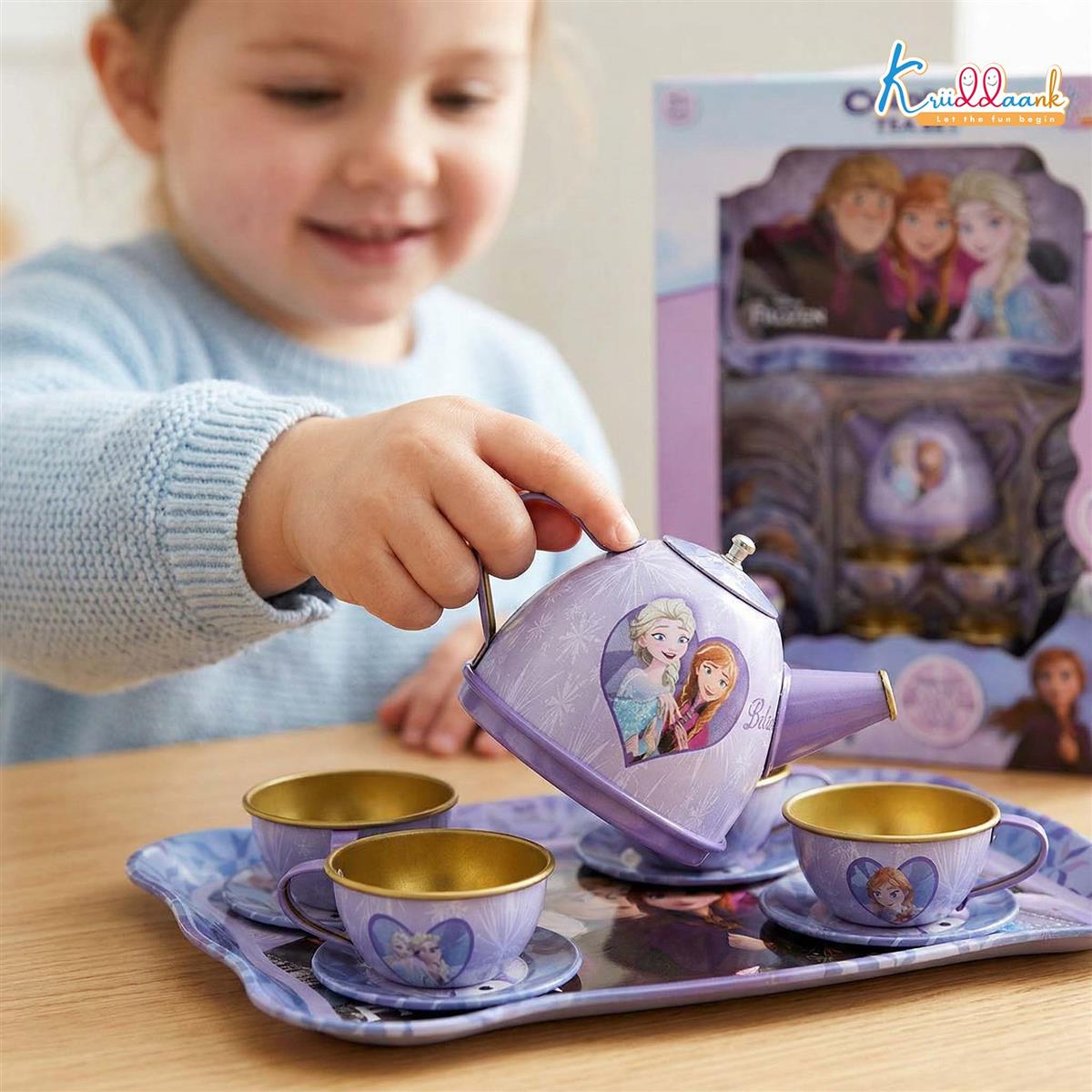Disney Frozen Elsa & Anna 14-Piece Tin Plate Tea Set for Girls - Fun Pretend Play Tea Party Toy - Durable, Lightweight & Safe Role Play Kit for Kids, Ages 3+