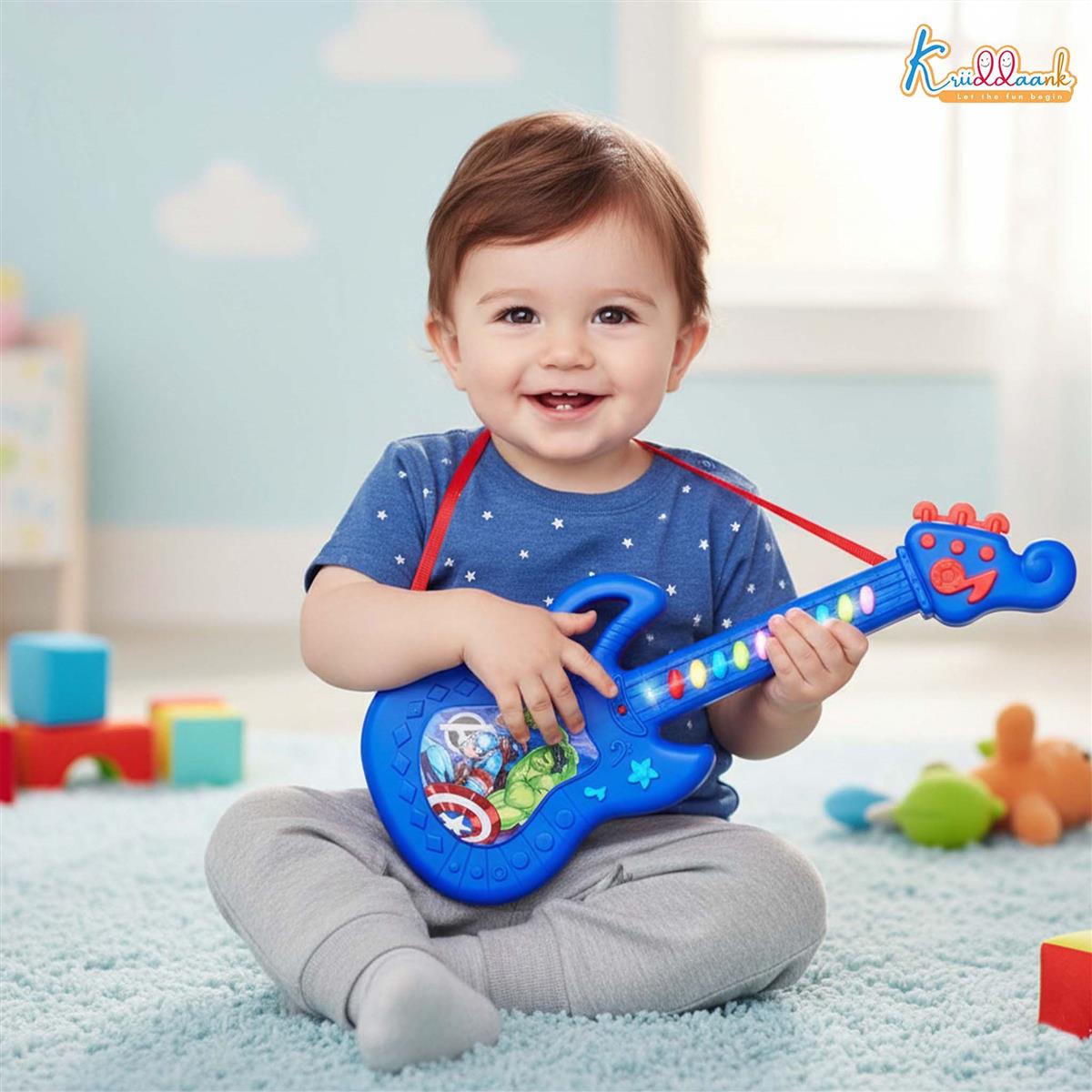 Marvel Avengers Theme Musical Guitar for Kids - Superhero Electric Toy with Lights & Sound, Battery Operated Junior Rockstar Guitar, Red Musical Instrument for Boys & Girls Age 3+ Years