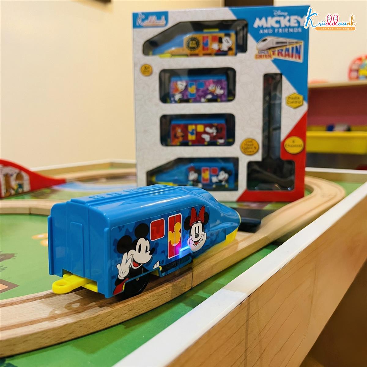 Kriiddaank Mickey Theme Remote Control Train Toy for Kids - Rechargeable EMU Express Train with LED Lights & Sounds, 4-Channel RC Railway Model, Disney Gift for Boys & Girls (Blue)