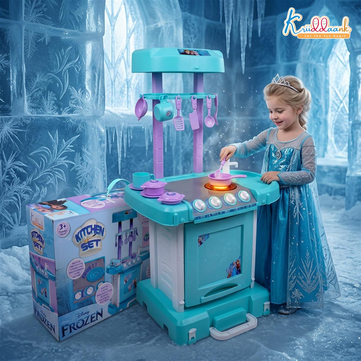 Kriiddaank Frozen Theme Kitchen Set for Kids - Interactive Cooking Playset with Oven, Sink, Lights & Sound - 18 Pcs Chef Accessories, Turkish Blue, Pretend Play Toy for Boys & Girls 3+ Years