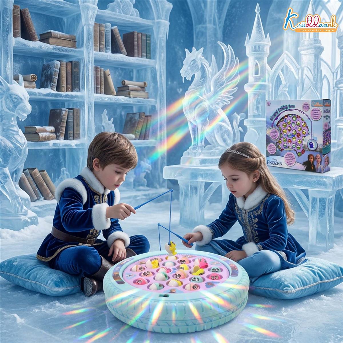 Kriiddaank Frozen Musical Fishing Game - Electronic Rotating Board with 45 Fishes & 4 Poles | Battery Operated Interactive Toy for Kids 3+ | Fun & Educational Multiplayer Game, Turkish Blue