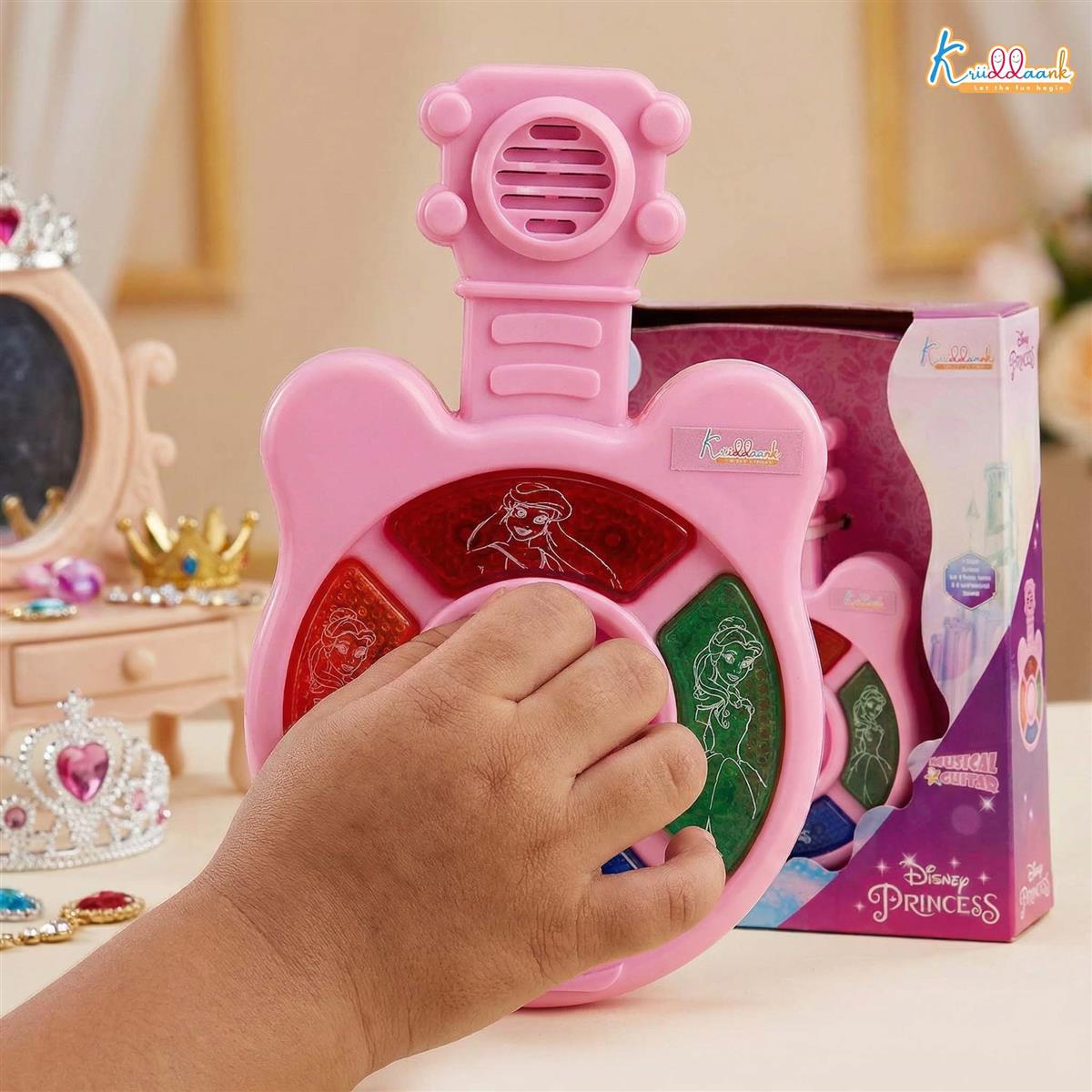 Disney Princess Mini Music Guitar for Kids - Portable Musical Instrument with 4 Buttons, Effective Sounds & Lights - Battery Operated Educational Toy for Toddlers & Girls 3+ Years Old - Pink